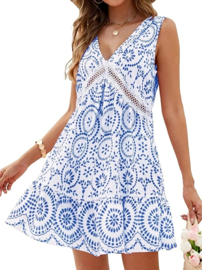 Printed V - Neck Sleeveless Mini Dress - Blue by Trendsi from FREYA’S CLOSET