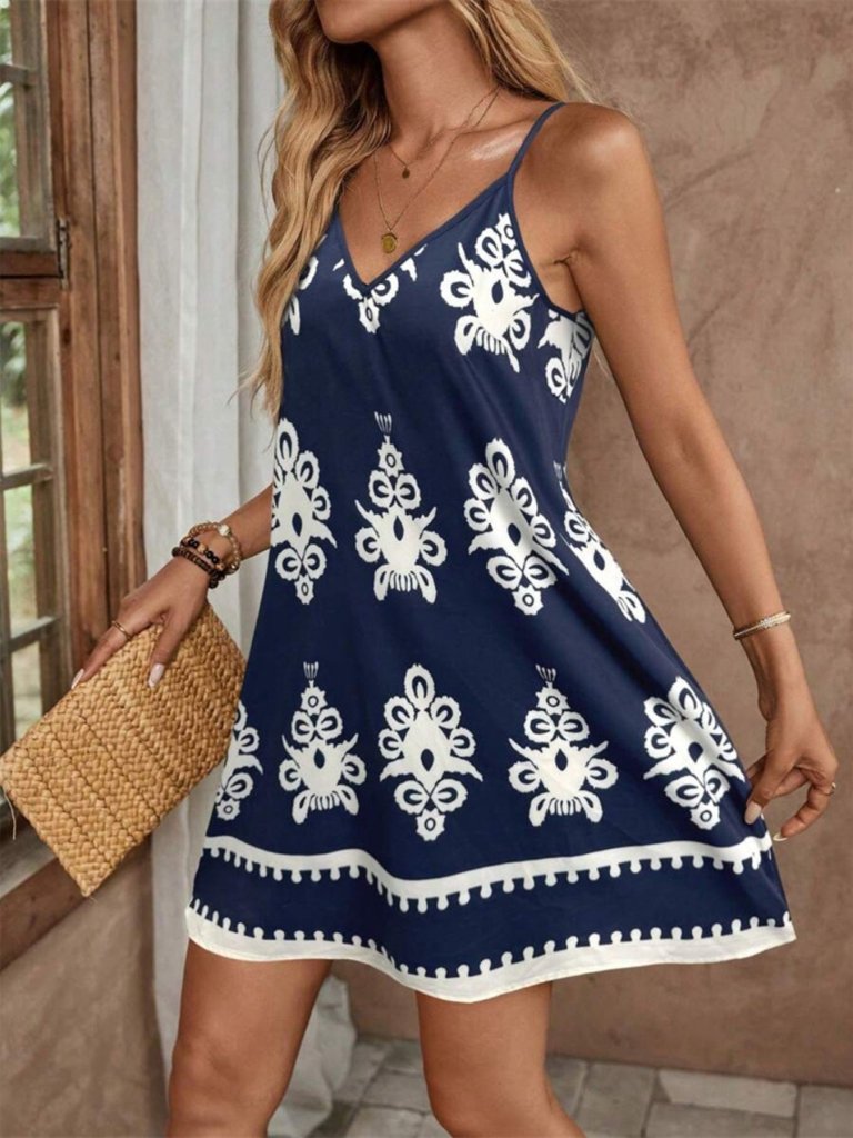 Printed V - Neck Sleeveless Mini Dress - Blue by Trendsi from FREYA’S CLOSET
