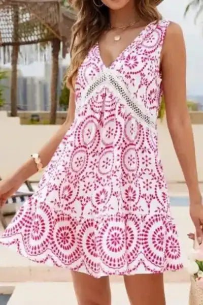 Printed V - Neck Sleeveless Mini Dress - Hot Pink by Trendsi from FREYA’S CLOSET