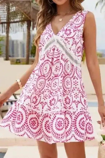Printed V - Neck Sleeveless Mini Dress - Hot Pink by Trendsi from FREYA’S CLOSET