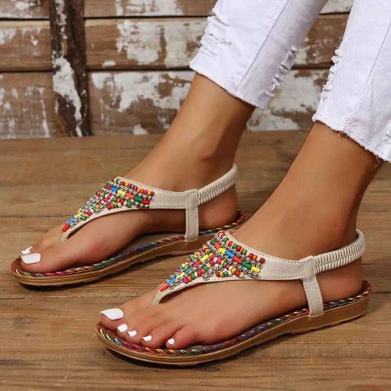 PU Leather Beaded Flat Sandals - Beige by Trendsi from FREYA’S CLOSET