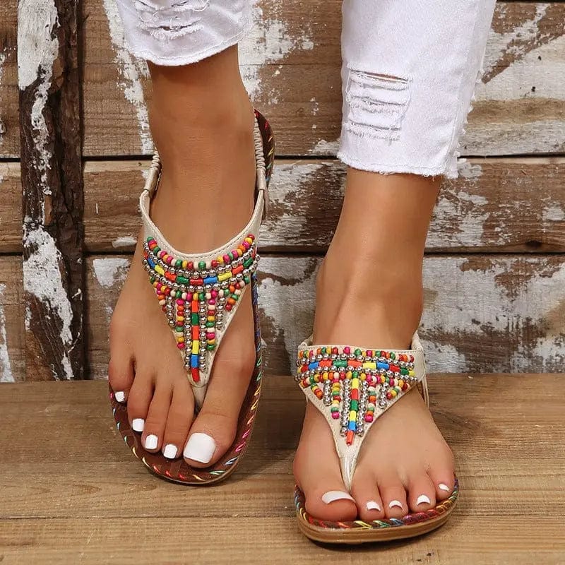 PU Leather Beaded Flat Sandals - Beige by Trendsi from FREYA’S CLOSET