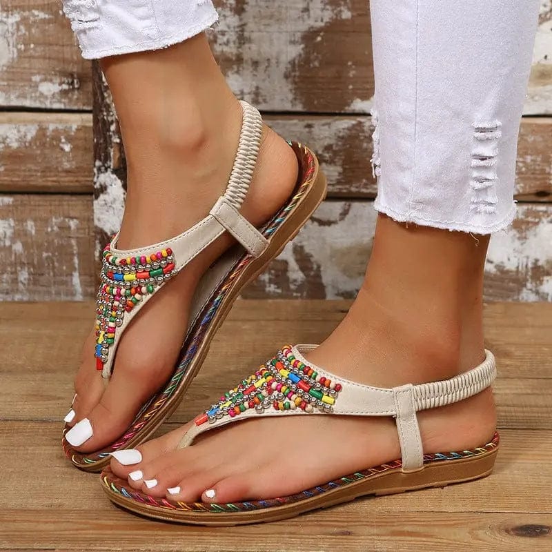 PU Leather Beaded Flat Sandals - Beige by Trendsi from FREYA’S CLOSET