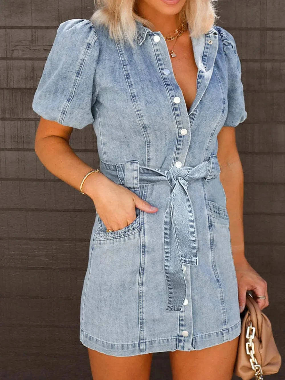 Trendsi Puff Sleeve Button Up Mini Denim Dress