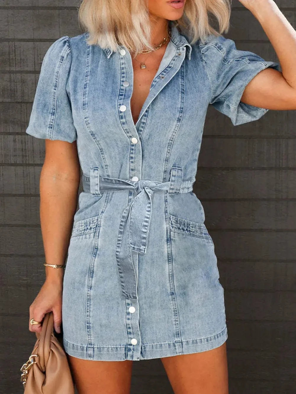 Trendsi Medium / S Puff Sleeve Button Up Mini Denim Dress
