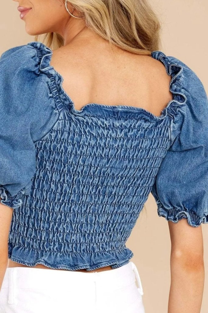 Puff Sleeve Smocked Cropped Denim Top - Medium by Trendsi from FREYA’S CLOSET