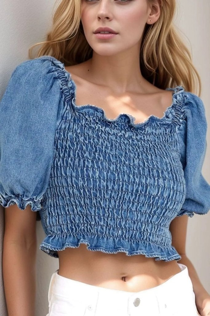 Puff Sleeve Smocked Cropped Denim Top - Medium by Trendsi from FREYA’S CLOSET