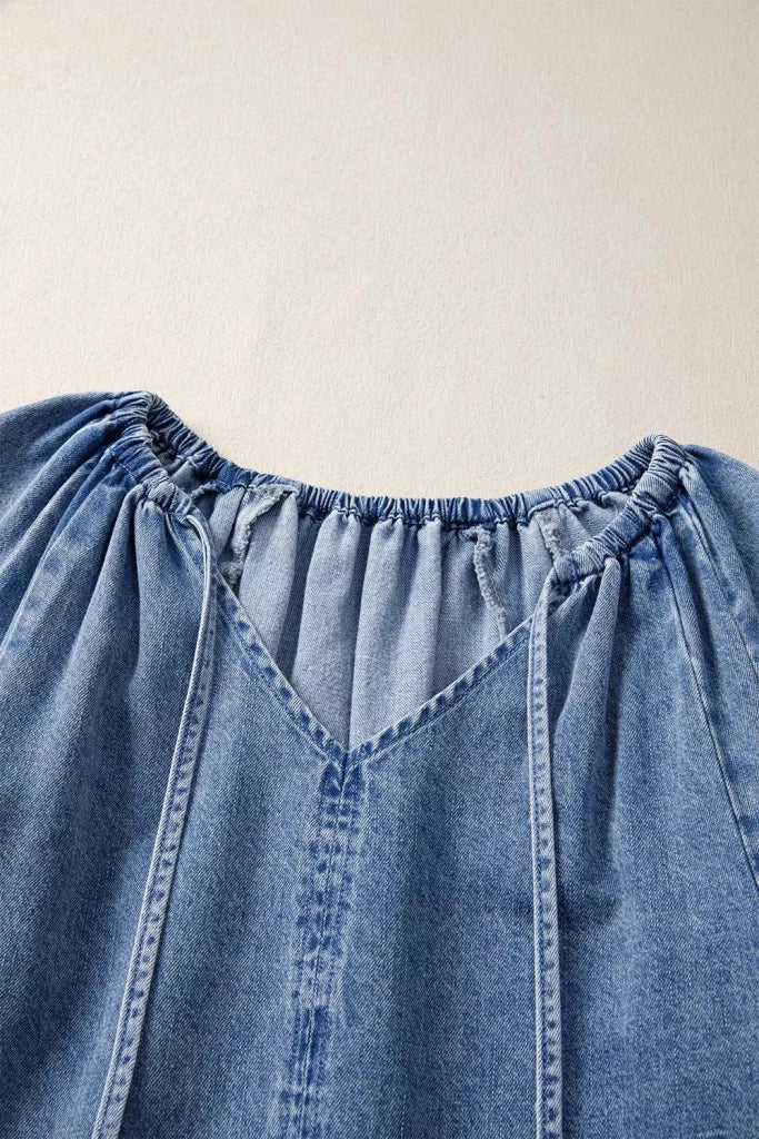 Puff sleeve V-neck ruffled loose denim mini dress, alternate product image