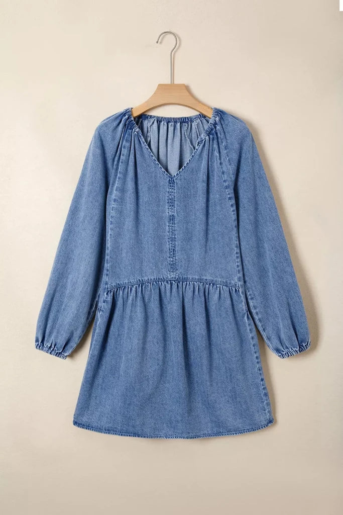 Puff sleeve V-neck ruffled loose denim mini dress, alternate product image