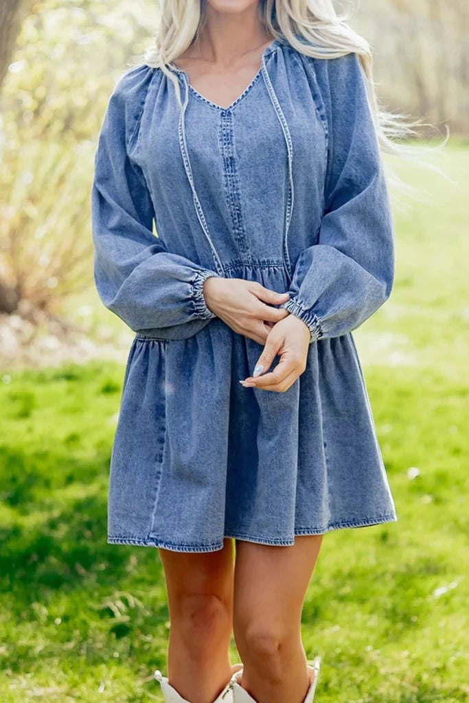 Puff sleeve V-neck ruffled loose denim mini dress