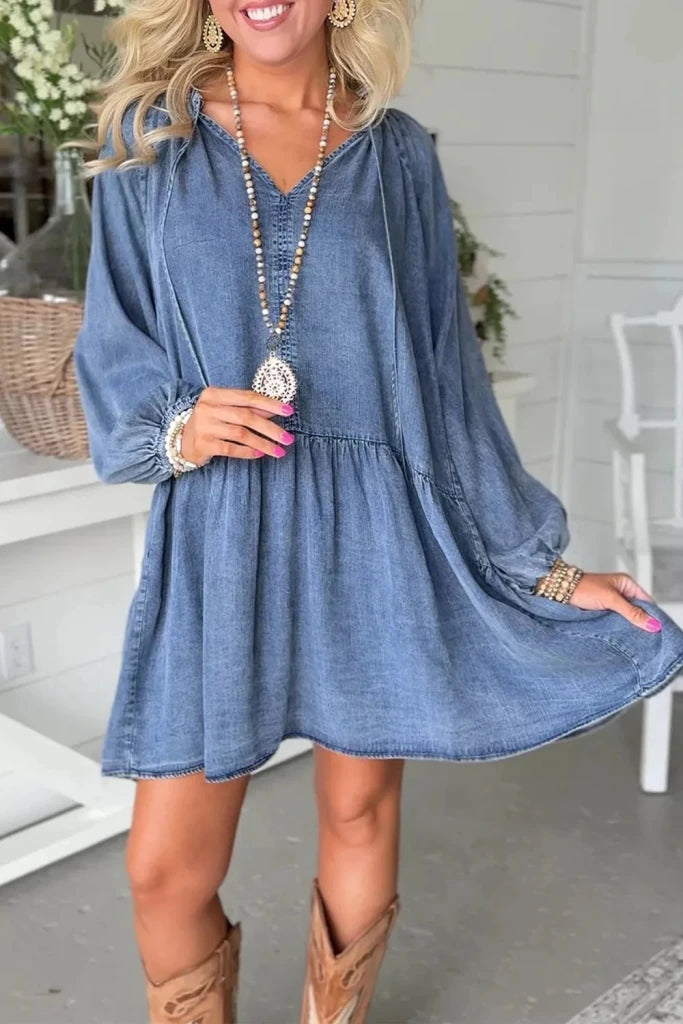 Puff sleeve V-neck ruffled loose denim mini dress, alternate product image