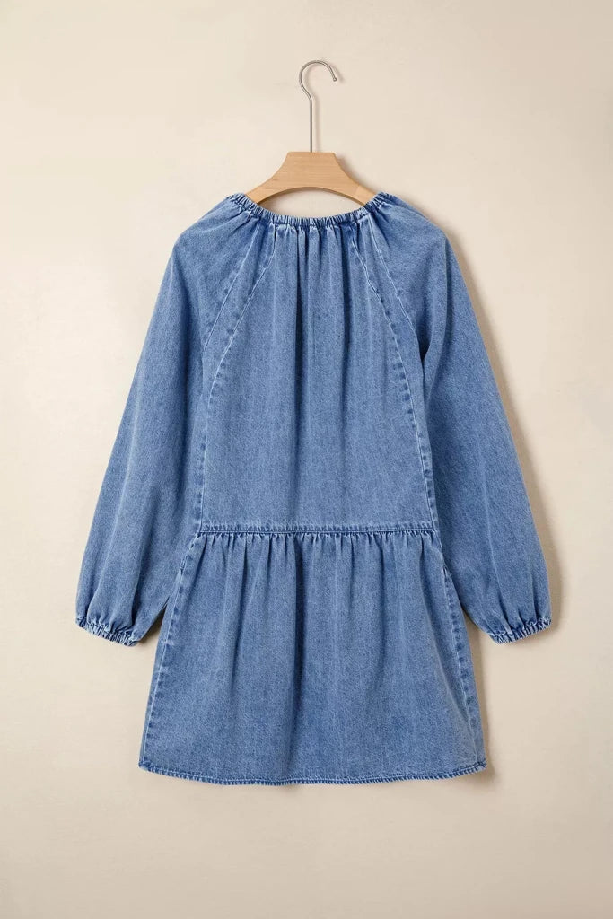 Puff sleeve V-neck ruffled loose denim mini dress, alternate product image