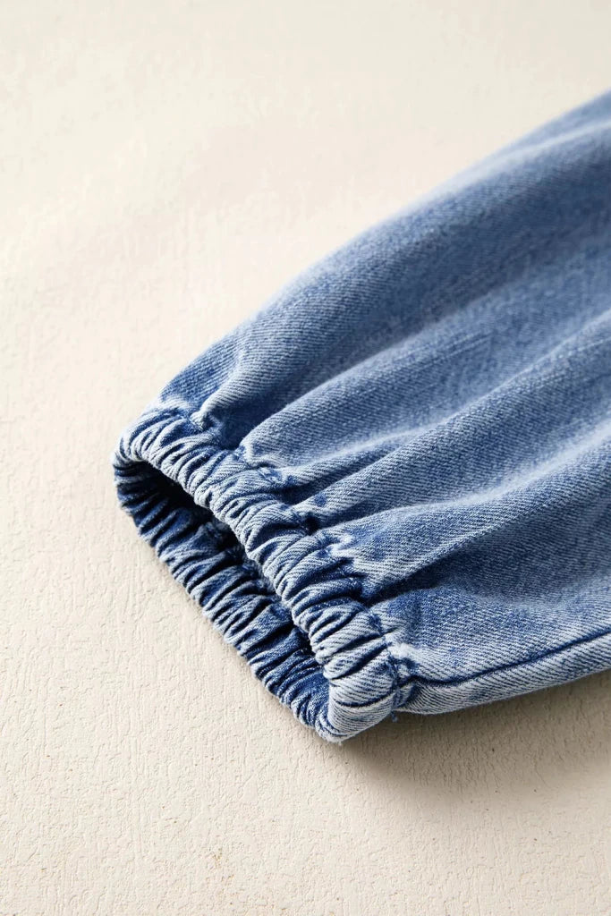 Puff sleeve V-neck ruffled loose denim mini dress, alternate product image
