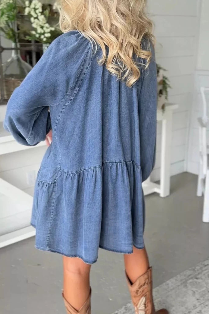 Puff sleeve V-neck ruffled loose denim mini dress, alternate product image
