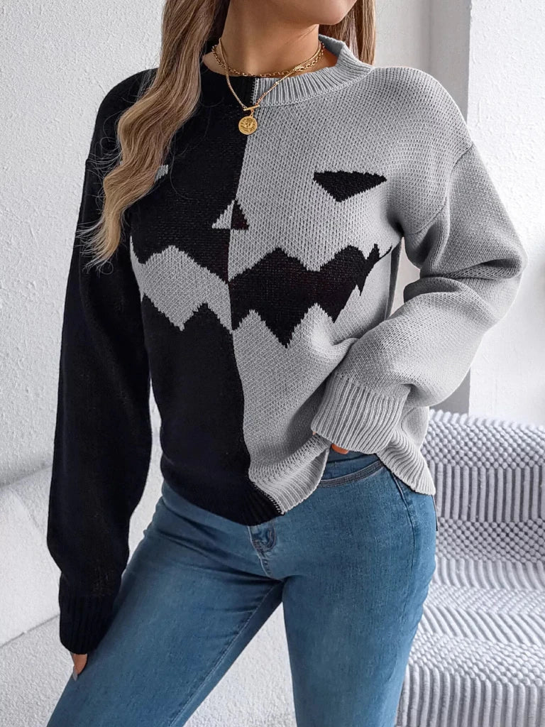 Pumpkin face graphic two-tone sweater, alternate product image