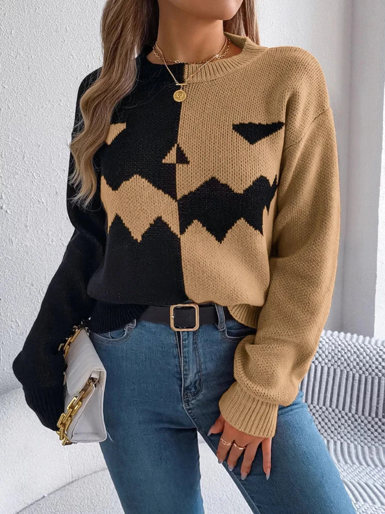 Pumpkin face graphic two-tone sweater, alternate product image