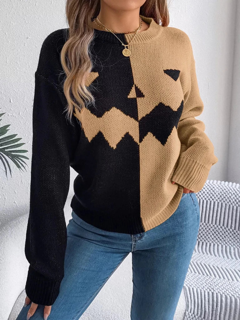 Pumpkin face graphic two-tone sweater, alternate product image