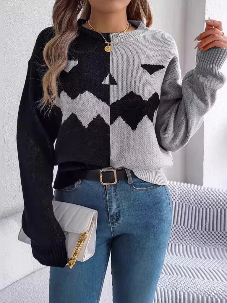 Pumpkin face graphic two-tone sweater, alternate product image
