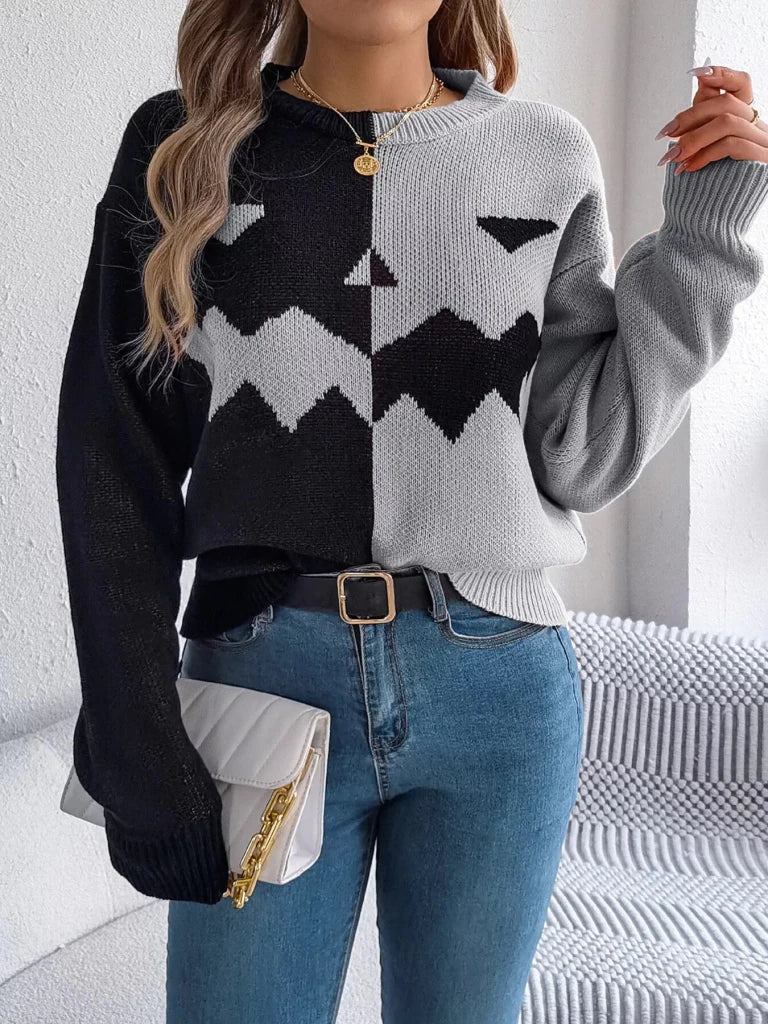 Pumpkin face graphic two-tone sweater, alternate product image