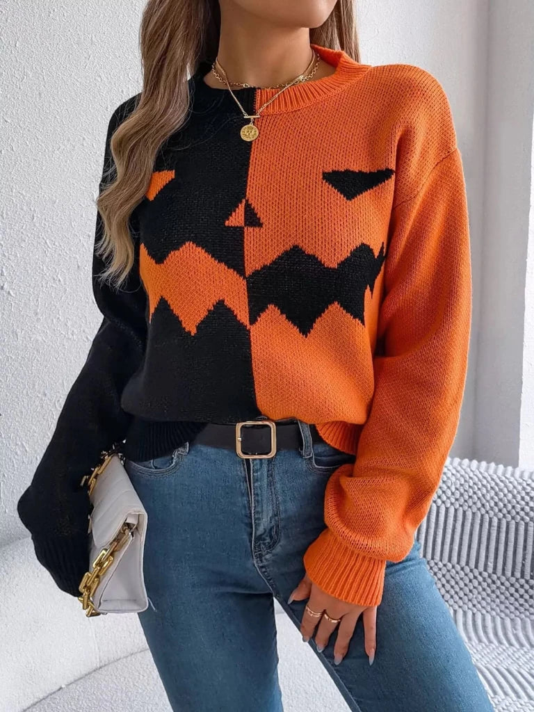 Pumpkin face graphic two-tone sweater, alternate product image