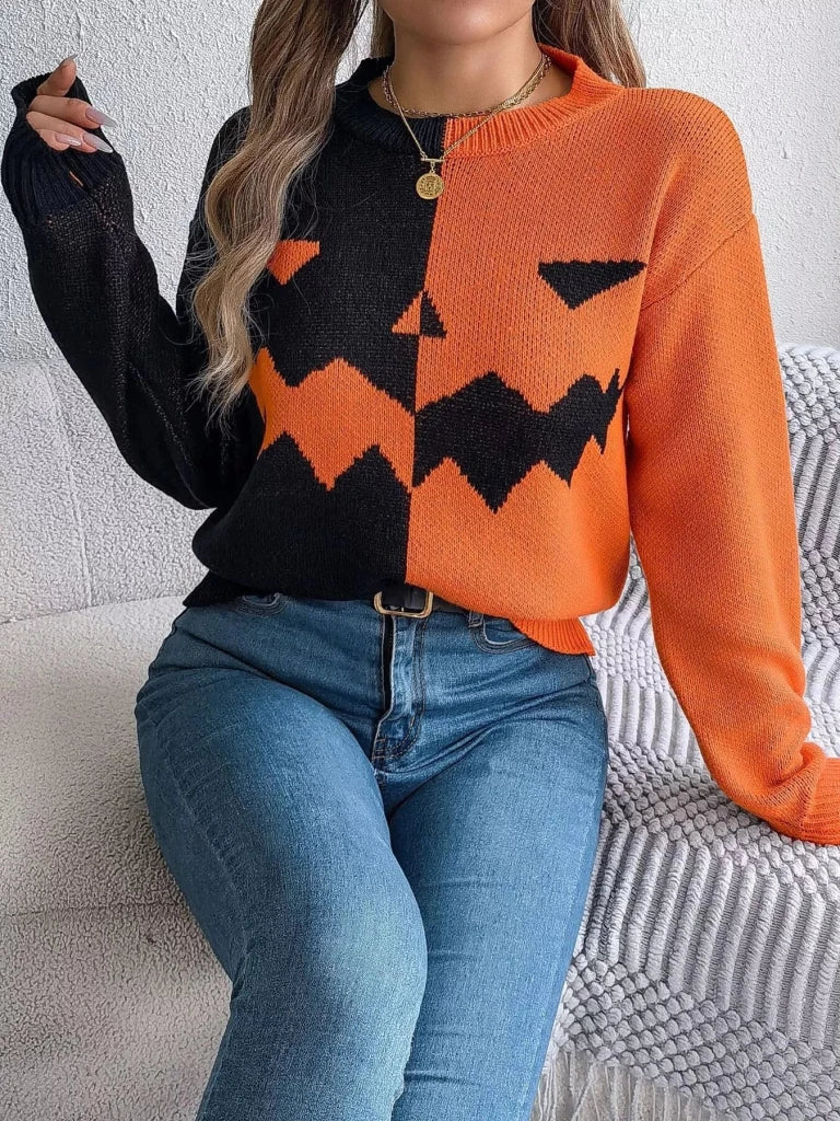 Pumpkin face graphic two-tone sweater, alternate product image