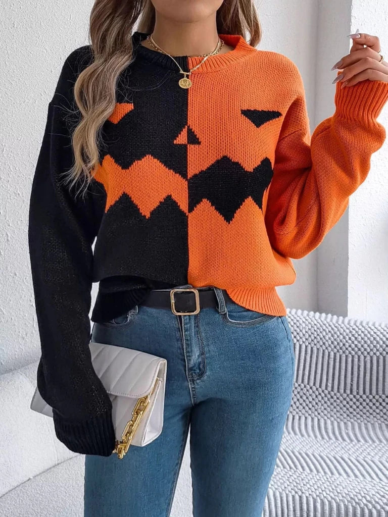 Pumpkin face graphic two-tone sweater, alternate product image