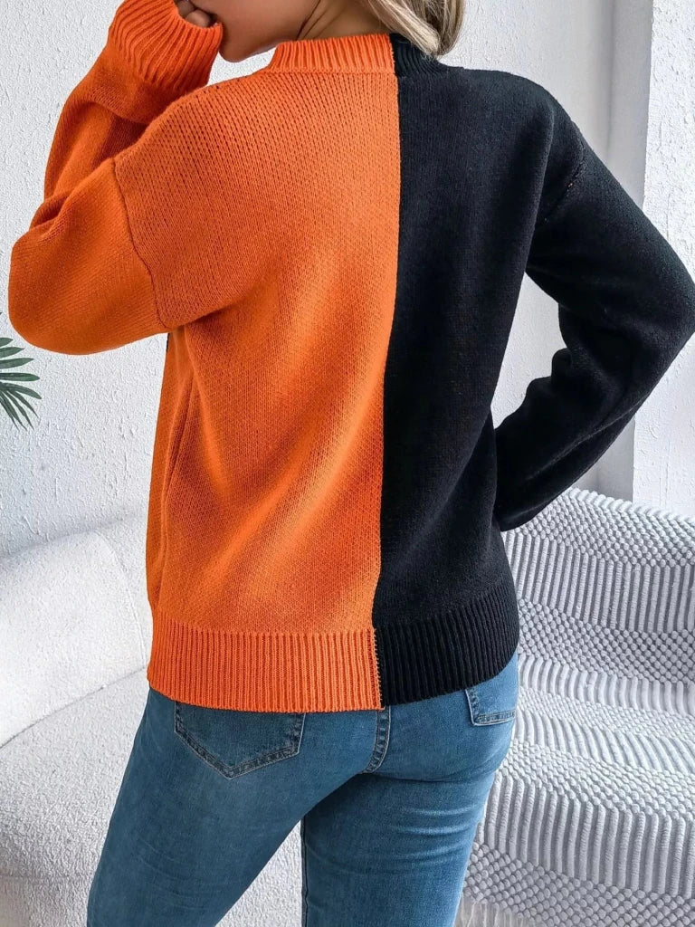 Pumpkin face graphic two-tone sweater, alternate product image