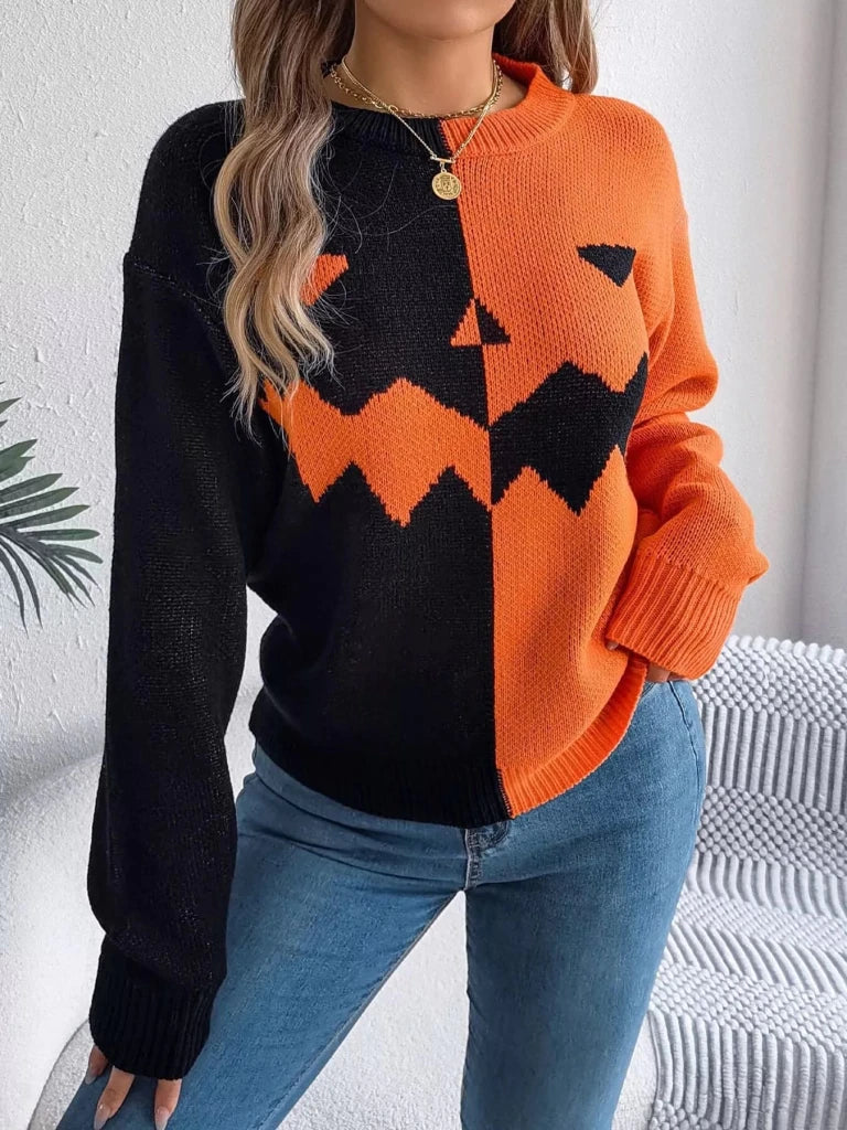 Pumpkin face graphic two-tone sweater, alternate product image