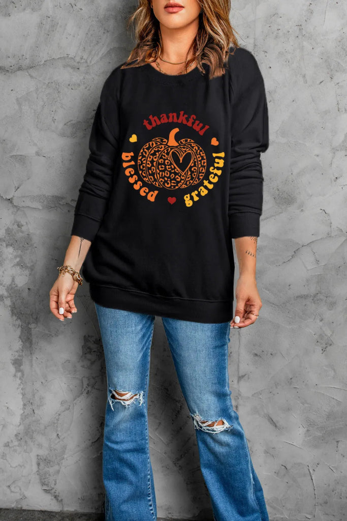 Pumpkin Graphic Long Sleeve Sweatshirt - Black by Trendsi from FREYA’S CLOSET
