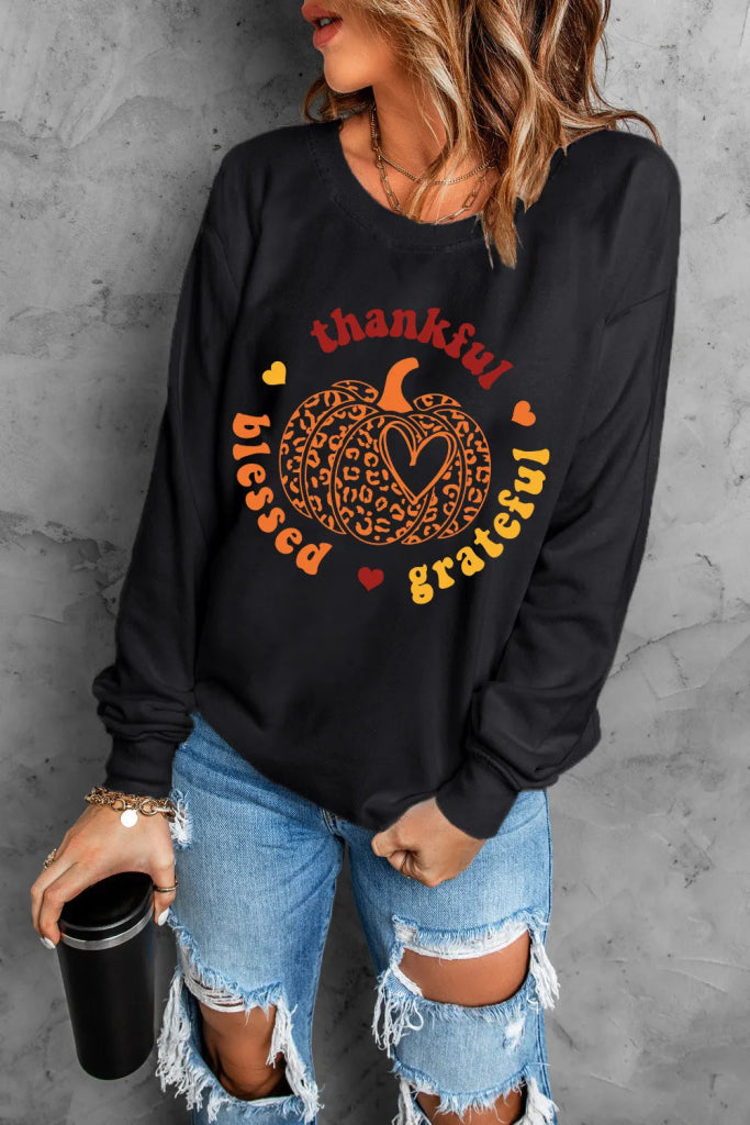 Pumpkin Graphic Long Sleeve Sweatshirt - Black by Trendsi from FREYA’S CLOSET