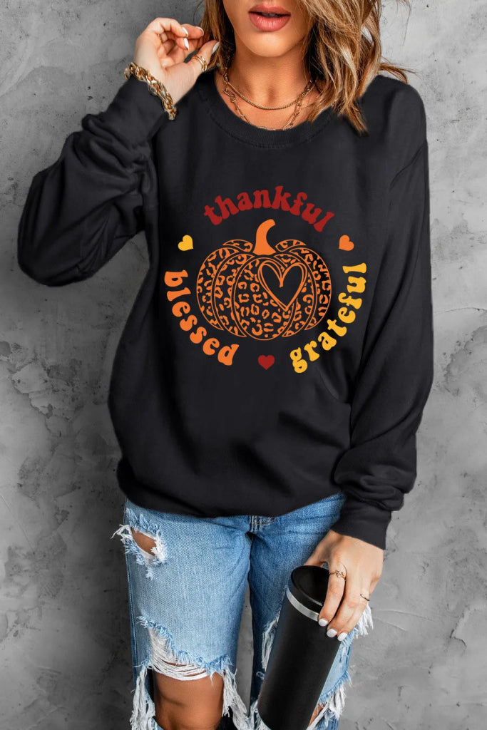 Pumpkin Graphic Long Sleeve Sweatshirt - Black by Trendsi from FREYA’S CLOSET