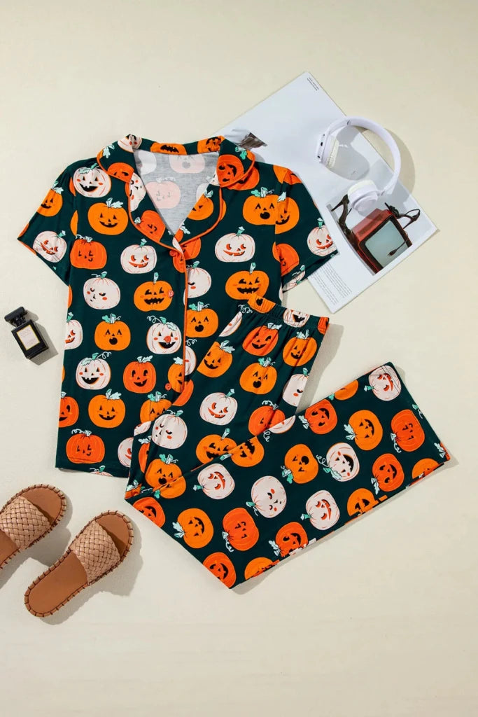 Pumpkin print short sleeve top and pants lounge set, alternate product image