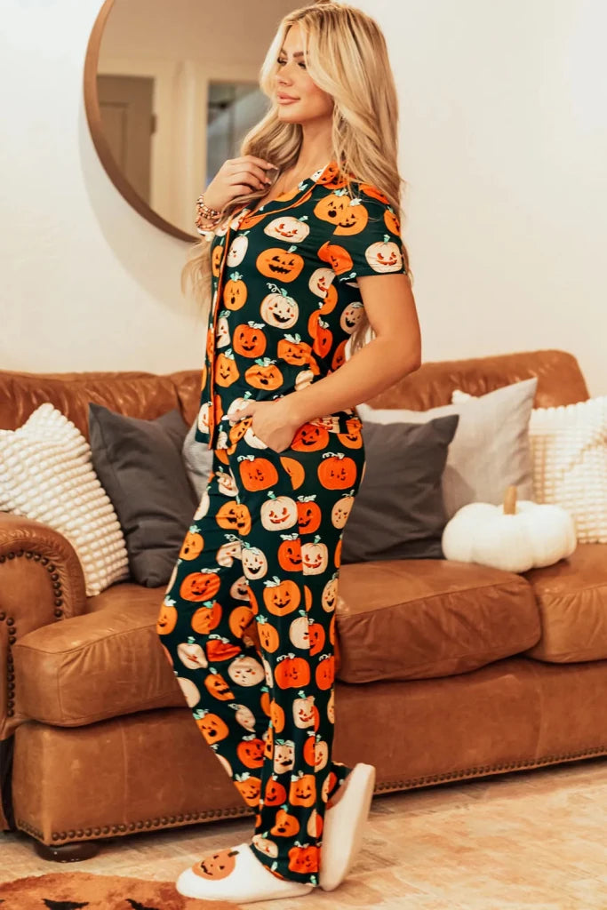 Pumpkin print short sleeve top and pants lounge set, alternate product image
