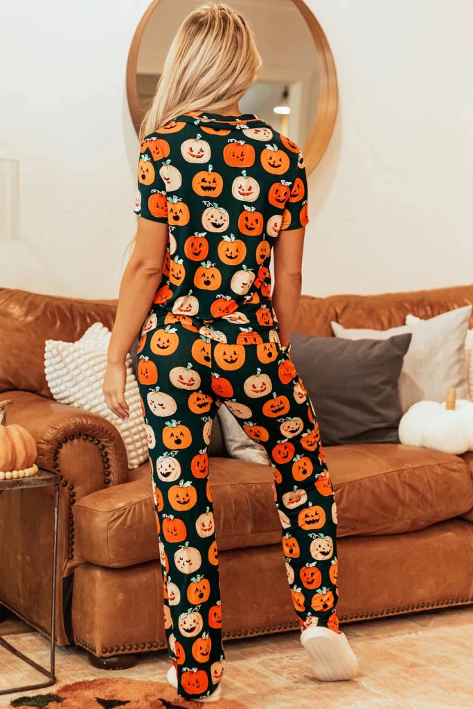 Pumpkin print short sleeve top and pants lounge set, alternate product image