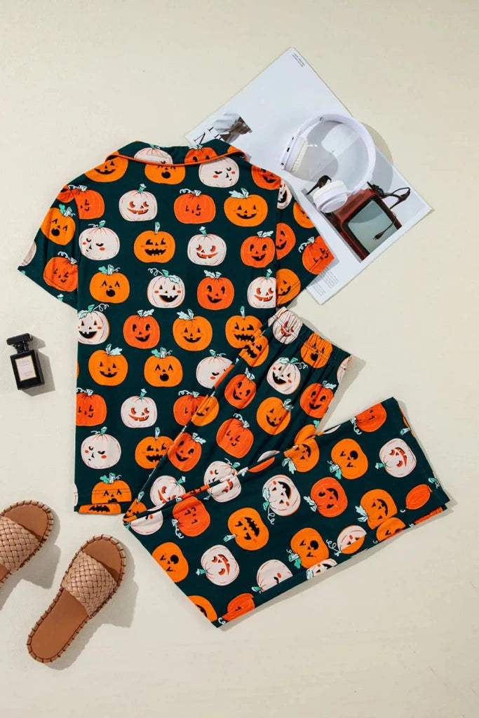 Pumpkin print short sleeve top and pants lounge set, alternate product image
