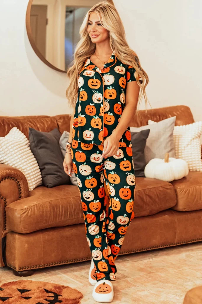 Pumpkin print short sleeve top and pants lounge set, alternate product image