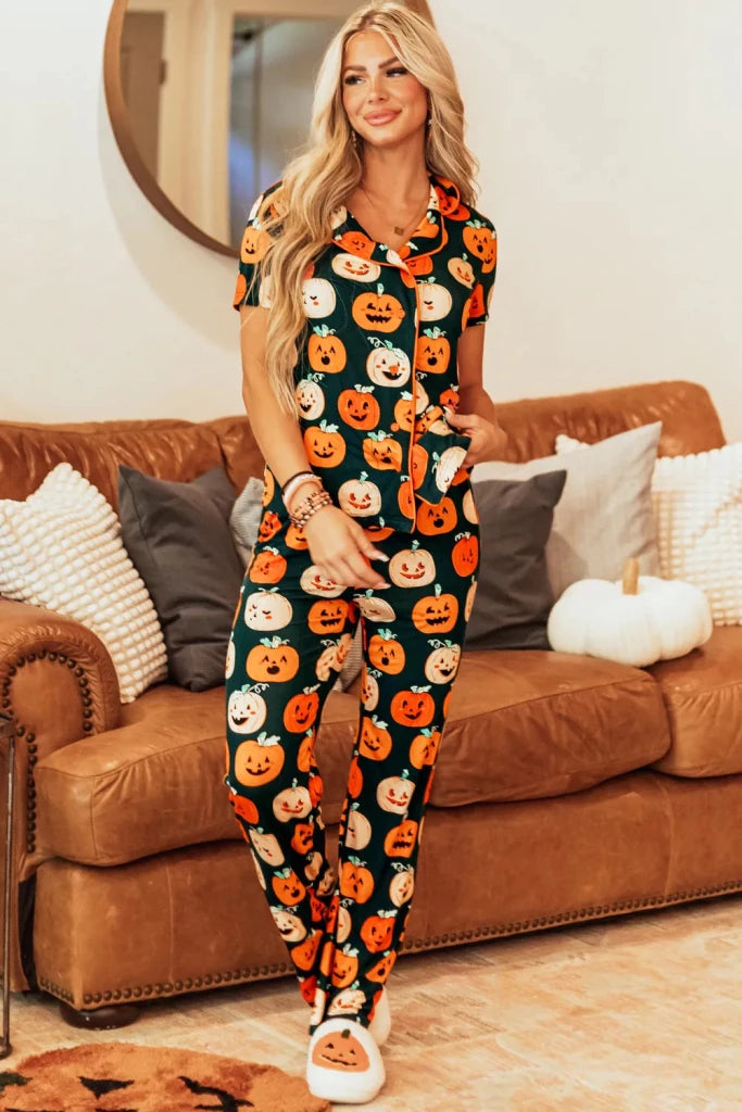 Pumpkin print short sleeve top and pants lounge set, alternate product image