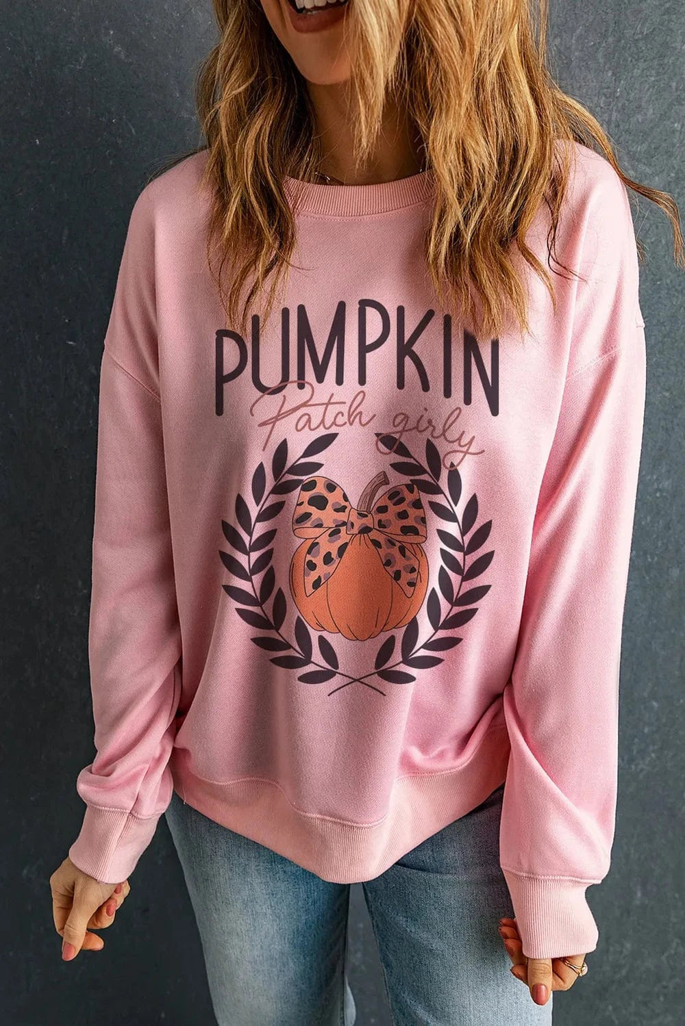 Trendsi Shirts and Blouse Blush Pink / S Pumpkin Round Neck Long Sleeve Sweatshirt