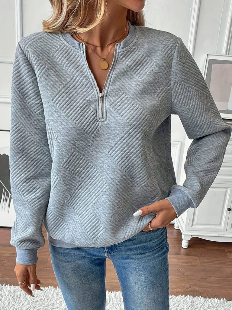 Quarter Zip Textured Long Sleeve Sweatshirt - Gray by Trendsi from FREYA’S CLOSET
