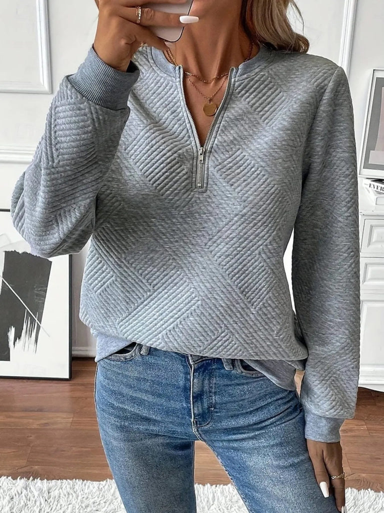 Quarter Zip Textured Long Sleeve Sweatshirt - Gray by Trendsi from FREYA’S CLOSET