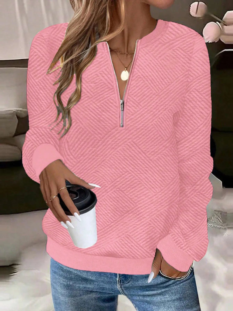 Quarter Zip Textured Long Sleeve Sweatshirt - Pink by Trendsi from FREYA’S CLOSET