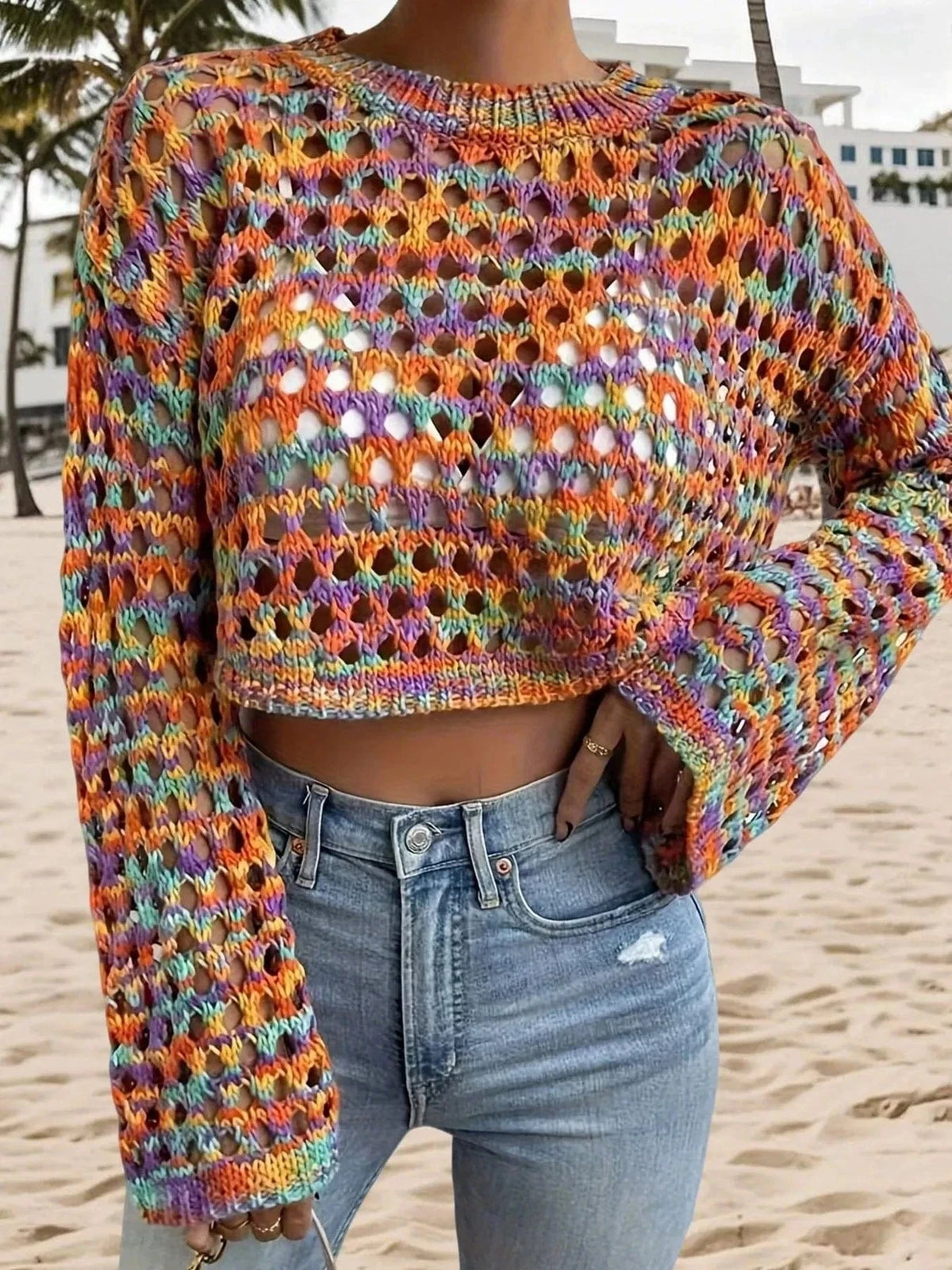 Trendsi Shirts and Blouse Rainbow Crochet Hollow Out Cropped Sweater