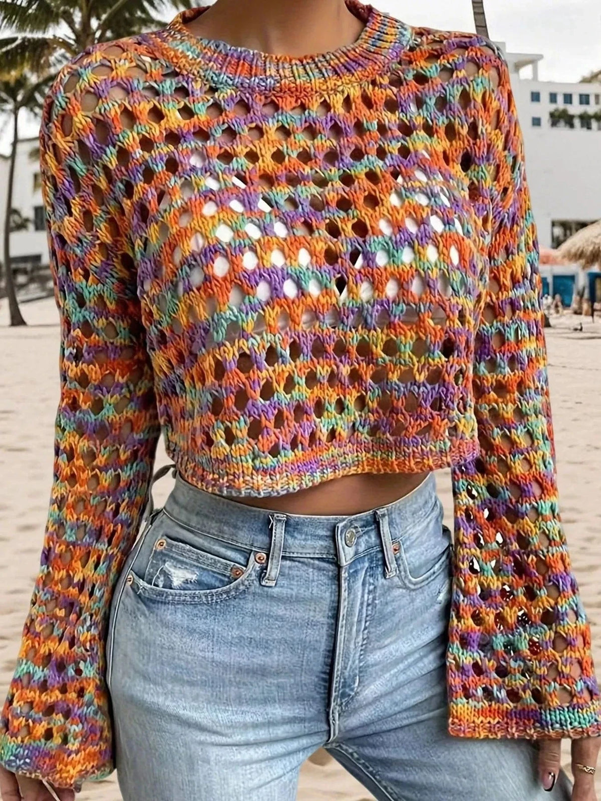 Trendsi Shirts and Blouse Rainbow Crochet Hollow Out Cropped Sweater