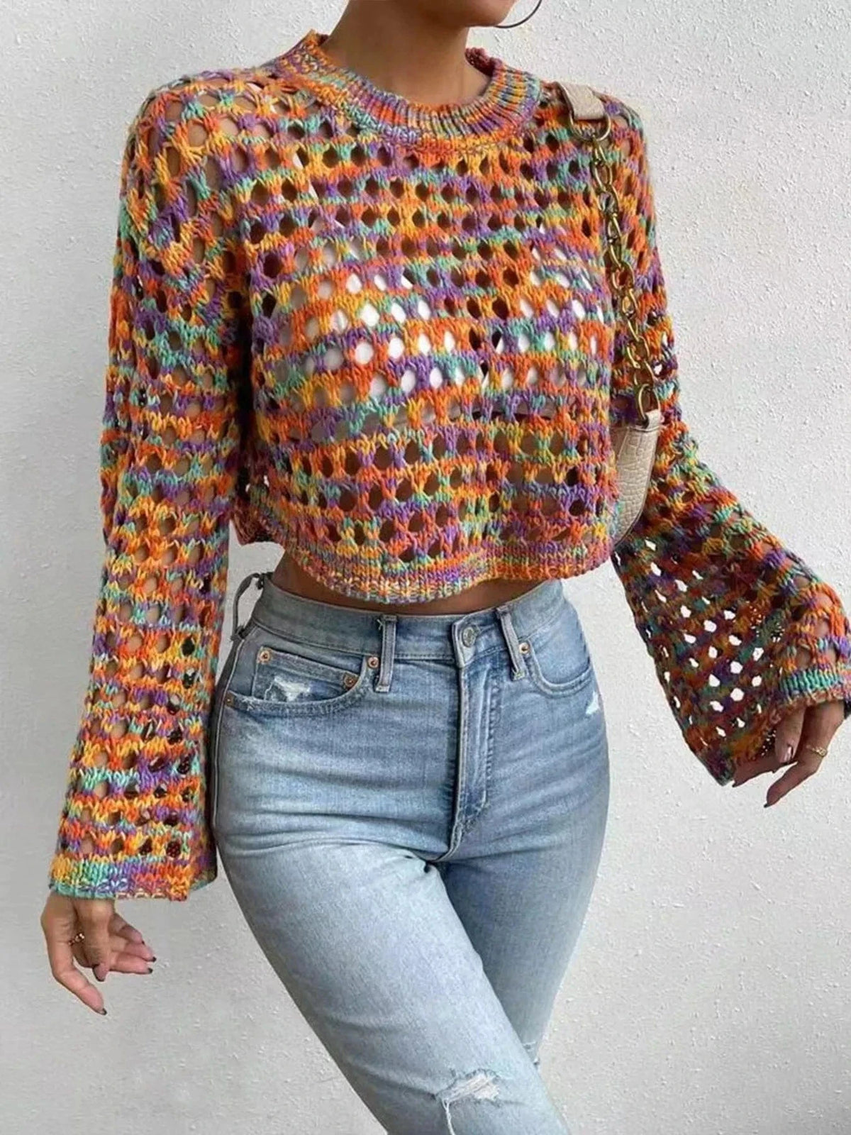 Trendsi Shirts and Blouse Multicolor / XS Rainbow Crochet Hollow Out Cropped Sweater