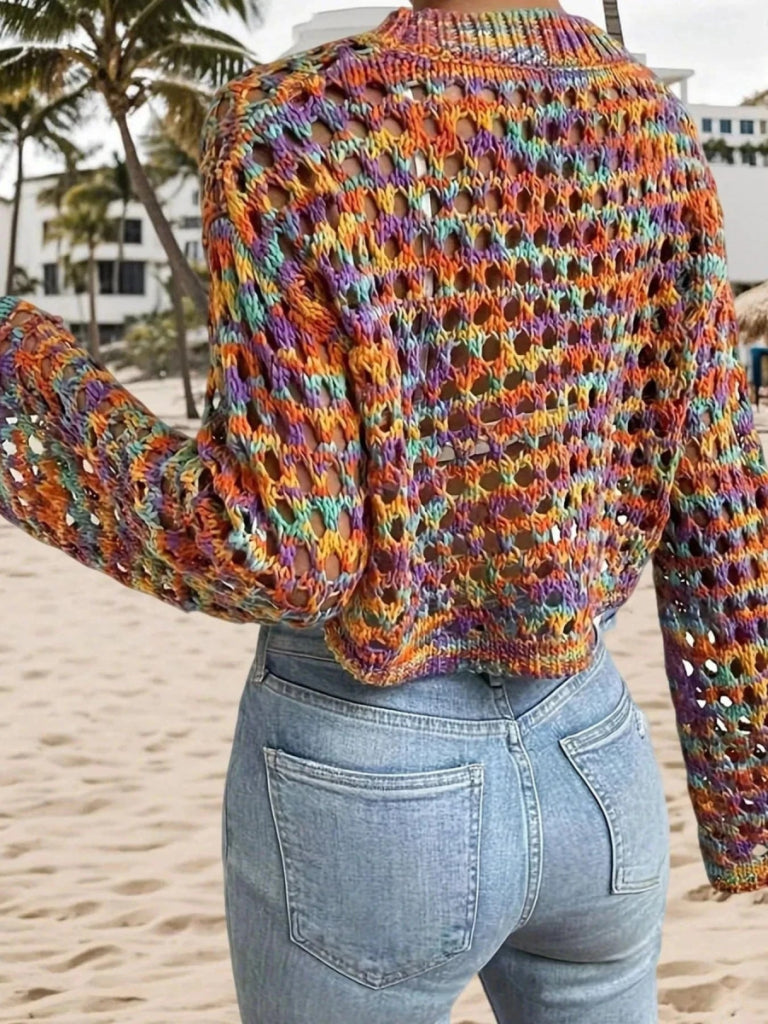 Rainbow Crochet Hollow Out Cropped Sweater - Multicolor by Trendsi from FREYA’S CLOSET