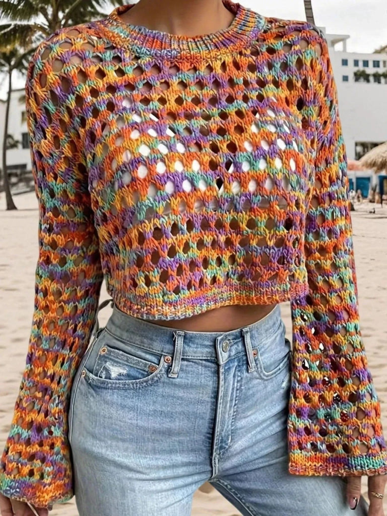 Rainbow Crochet Hollow Out Cropped Sweater - Multicolor by Trendsi from FREYA’S CLOSET