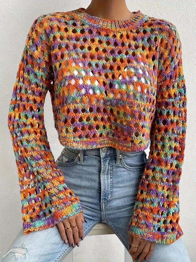 Rainbow Crochet Hollow Out Cropped Sweater - Multicolor by Trendsi from FREYA’S CLOSET