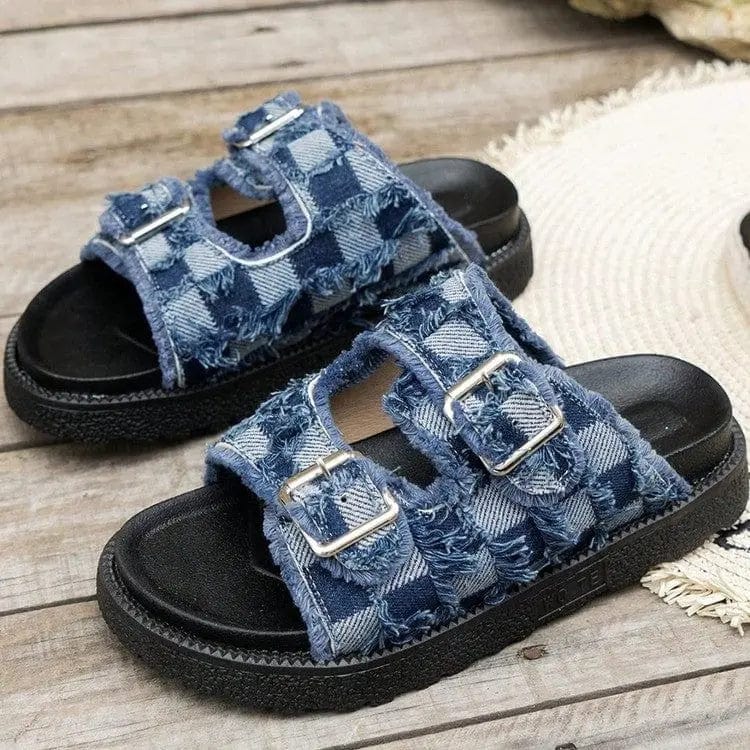 Trendsi Sandals Raw Edge Checkered Cloth Buckle Sandals