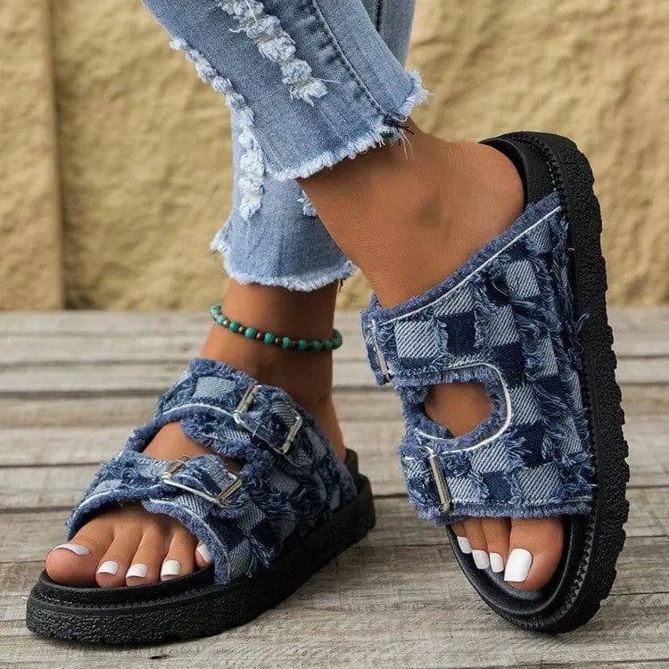 Trendsi Sandals Raw Edge Checkered Cloth Buckle Sandals