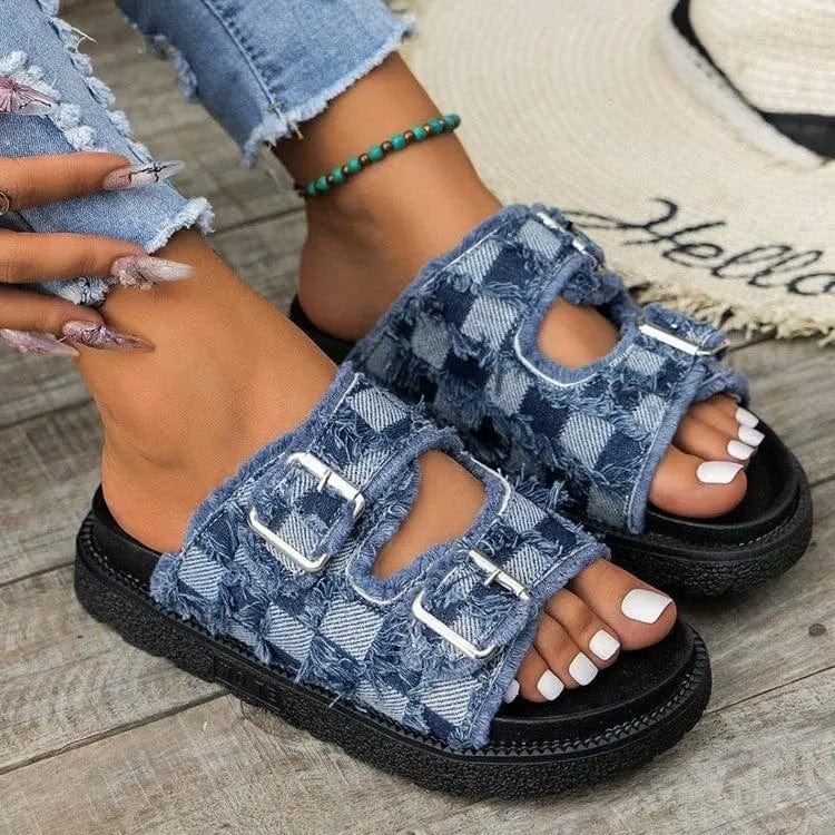 Trendsi Sandals Medium / 36(US5) Raw Edge Checkered Cloth Buckle Sandals